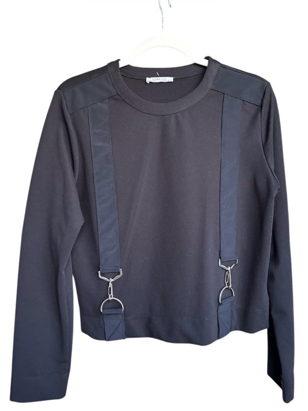 Zara Woman Womens M Black Long Sleeve Top Silver Buckle Harness Strap Detail